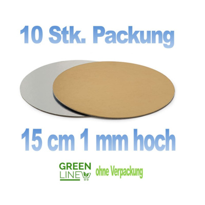 10 Stk. Pkg. gekoppelte Tortenplatte gold/silber - 15 cm rund -  1 mm d&uuml;nn - greenlline - zum Stapeln oder f&uuml;r Desserts