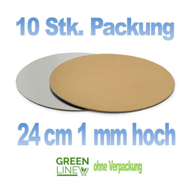 10 Stk. Pkg. gekoppelte Tortenplatte gold/silber - 24 cm rund -  1 mm d&uuml;nn - greenlline - zum Stapeln oder f&uuml;r Desserts