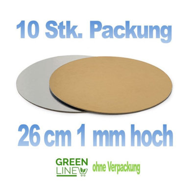 10 Stk. Pkg. gekoppelte Tortenplatte gold/silber - 26 cm rund -  1 mm d&uuml;nn - greenlline - zum Stapeln oder f&uuml;r Desserts