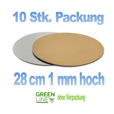 10 Stk. Pkg. gekoppelte Tortenplatte gold/silber - 28 cm rund -  1 mm d&uuml;nn - greenlline - zum Stapeln oder f&uuml;r Desserts