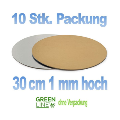 10 Stk. Pkg. gekoppelte Tortenplatte gold/silber - 30 cm rund -  1 mm d&uuml;nn - greenlline - zum Stapeln oder f&uuml;r Desserts