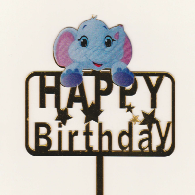 Acryl Topper Happy Birthday Elefant bunt gold ca. 11  x 11 cm Gesamtläng 17 cm