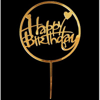 Acryl Topper Happy Birthday rund mit Herz gold ca. 11  x 11 cm Gesamtl&auml;ng 17 cm