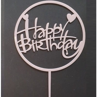 Acryl Topper Happy Birthday rund mit Herz rosa ca. 11  x 11 cm Gesamtl&auml;ng 17 cm