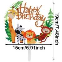 Acryl Topper Happy Birthday Zoo Safari Tiere Kinder bunt bedruckt - ca. 15  x 13 cm Gesamtl&auml;nge 19 cm Kindergeburtstag Safari - Giraffe, Affe, Zebra, L&ouml;we