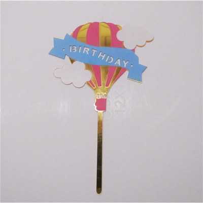 Acryl Topper Happy Birthday Ballon Gold -  bedruckt in rosa, hellblau und wei&szlig;  - ca. 10  x 10 cm Gesamtl&auml;ng 18 cm