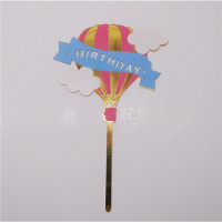 Acryl Topper Happy Birthday Ballon Gold -  bedruckt in rosa, hellblau und wei&szlig;  - ca. 10  x 10 cm Gesamtl&auml;ng 18 cm