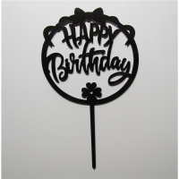 Acryl Topper Happy Birthday rund mit Masche und Gl&uuml;cksklee schwarz ca. 11  x 11 cm Gesamtl&auml;ng 17 cm
