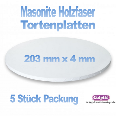 5er Packung weiss 20 cm x 4 mm (10") folierte Masonite (Holzfaser) TortenPlatte Cake board von Culpitt - auch für schwere Torten