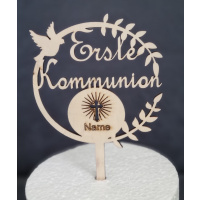 Erstkommunion Holz Torten Topper personalisierbar mit Taube und Hostie