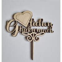 Herzlichen Gl&uuml;ckwunsch Holz Cake Topper Tortenstecker + das ausgeschnittene Herz gratis