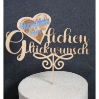 Herzlichen Gl&uuml;ckwunsch Holz Cake Topper mit Ihrem Wunschbild im Herz