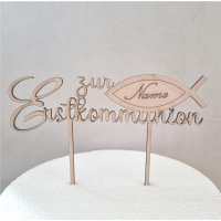 Erstkommunion Holz Torten Topper mit Fisch personalisierbar