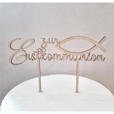 Erstkommunion Holz Torten Topper mit Fisch personalisierbar  ohne Text