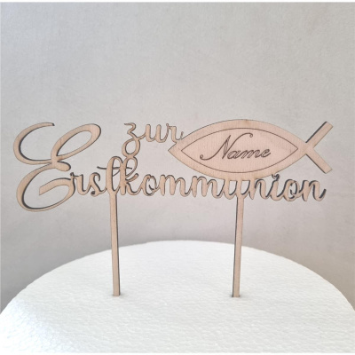 Erstkommunion Holz Torten Topper mit Fisch personalisierbar  mit Text