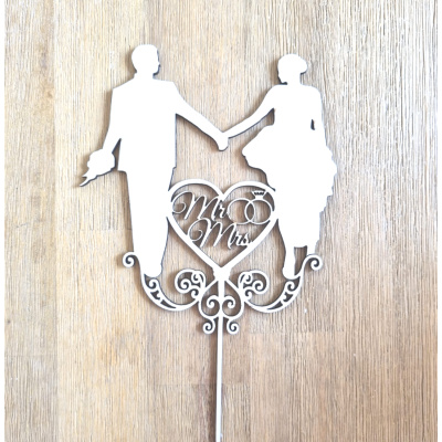 Hochzeit Holz Topper Tortenstecker mit Brautpaar und Herz mit Ornament - nicht personalisiert