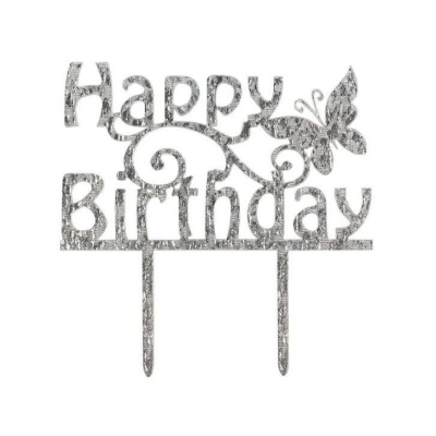 Acryl Topper Happy Birthday silber glitzernd mit Schmetterling 15 x 10 cm