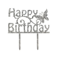 Acryl Topper Happy Birthday silber glitzernd mit...