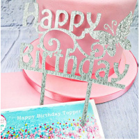 Acryl Topper Happy Birthday silber glitzernd mit Schmetterling 15 x 10 cm