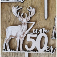 Hirsch Holz  stehend Tortenstecker graviert zum runden Geburtstag oder Jubiläum 50er
