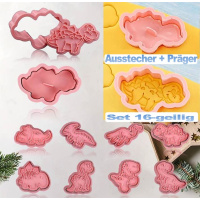 Dinosaurier Ausstecher plus Pr&auml;ger Set 16 teilig - 8 Ausstecher und 8 Stempel