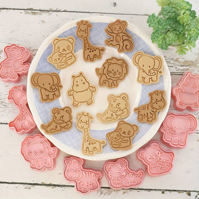Tiere Zoo Ausstecher plus Präger Set 16 teilig - 8 Ausstecher und 8 Stempel, Löwe, Giraffe, Elefant, Hipo, Zebra, Tiger, Panda, Affe