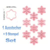 Schneeflocken sechseckig Ausstecher plus Pr&auml;ger Set 10 teilig - 1 Ausstecher und  9 passende  Motiv Stempel