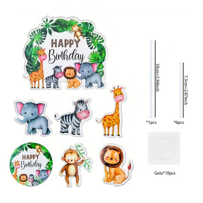 Safari Tiere Geburtstags Topper Set 1 Tortentopper gro&szlig; und 6 kleinere Stecker aus Papier Giraffe, Elefant, Affe, L&ouml;we, Zebra