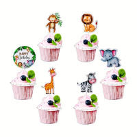 Safari Tiere Geburtstags Topper Set 1 Tortentopper gro&szlig; und 6 kleinere Stecker aus Papier Giraffe, Elefant, Affe, L&ouml;we, Zebra