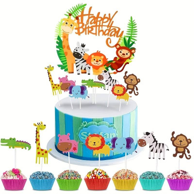 Dschungel Tiere Geburtstags Topper Set 1 Tortentopper gro&szlig; und 7 kleinere Stecker aus Papier Giraffe, Zebra, L&ouml;we, Affe, Krokodil, Nilpferd, Elefant