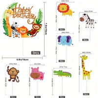 Dschungel Tiere Geburtstags Topper Set 1 Tortentopper gro&szlig; und 7 kleinere Stecker aus Papier Giraffe, Zebra, L&ouml;we, Affe, Krokodil, Nilpferd, Elefant