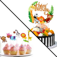 Dschungel Tiere Geburtstags Topper Set 1 Tortentopper groß und 7 kleinere Stecker aus Papier Giraffe, Zebra, Löwe, Affe, Krokodil, Nilpferd, Elefant
