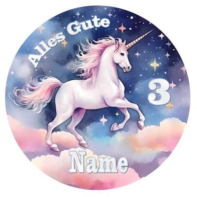 Einhorn Alles Gute auf Wolken Tortenbild rund mit individuellem Text  in verschiedenen Größen 15 cm