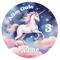 Einhorn Alles Gute auf Wolken Tortenbild rund mit individuellem Text  in verschiedenen Größen 15 cm