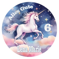 Einhorn Alles Gute auf Wolken Tortenbild rund mit individuellem Text  in verschiedenen Größen 15 cm