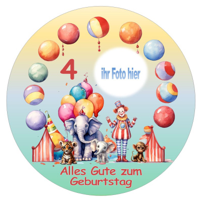 Zirkus Clown Elefant Tiger Affe Tortenbild rund mit Foto 15 cm
