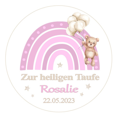 Taufe rosa Regebogen mit B&auml;r Tortenbild rund