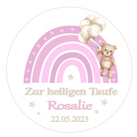 Taufe rosa Regebogen mit B&auml;r Tortenbild rund