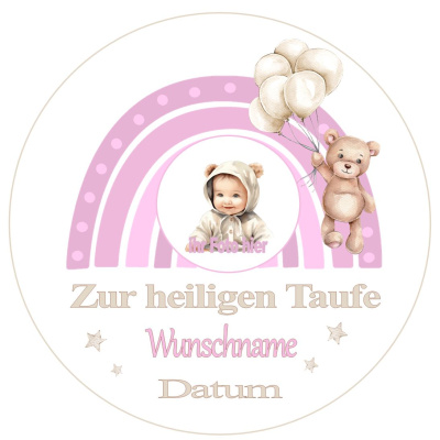 Taufe Tortenbild Regenbogen Bär rosa beige mit ihrem Foto 13