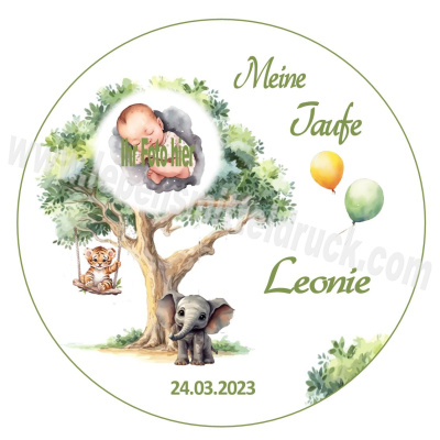 Taufe Tortenbild Baum Elefant Löwe rund mit individuellem Foto 20 cm