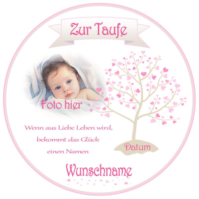 Taufe Lebensbaum mit Herzen Rosa mit Foto