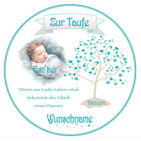 Taufe Lebensbaum mit Herzen Blau Türkis mit Foto 20 cm
