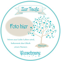 Taufe Lebensbaum mit Herzen Blau Türkis mit Foto 20 cm
