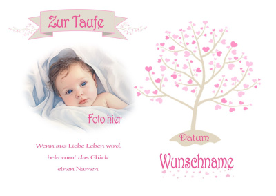 Taufe Lebensbaum Rosa in rechteckig mit Foto und Taufspruch