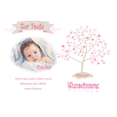 Taufe Lebensbaum Rosa in rechteckig mit Foto und Taufspruch A4