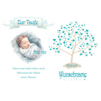 Taufe Lebensbaum Blau T&uuml;rkis in rechteckig mit Foto und Taufspruch