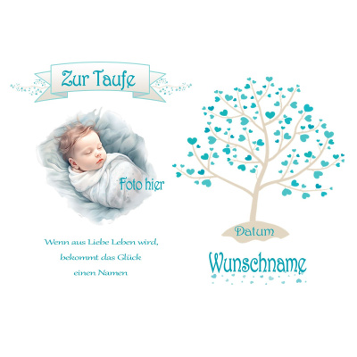 Taufe Lebensbaum Blau Türkis in rechteckig mit Foto und Taufspruch A5