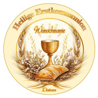 Erstkommunion Kelch mit Brot klein rund Aufleger 1 Seite A4 Oblatenpapier 0,6 Wafer Paper Ausstanzung rund  3,8 cm 35 Stk.