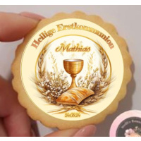 Erstkommunion Kelch mit Brot klein rund Aufleger 1 Seite A4 Oblatenpapier 0,6 Wafer Paper Ausstanzung rund  3,8 cm 35 Stk.