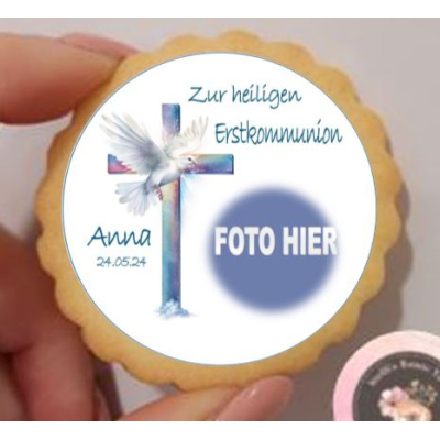 Erstkommunion Kreuz Taube klein rund Aufleger 1 Seite A4 Saracino Cake Paper - leicht raue Oberfläche Ausstanzung rund  5 cm 20 Stk.